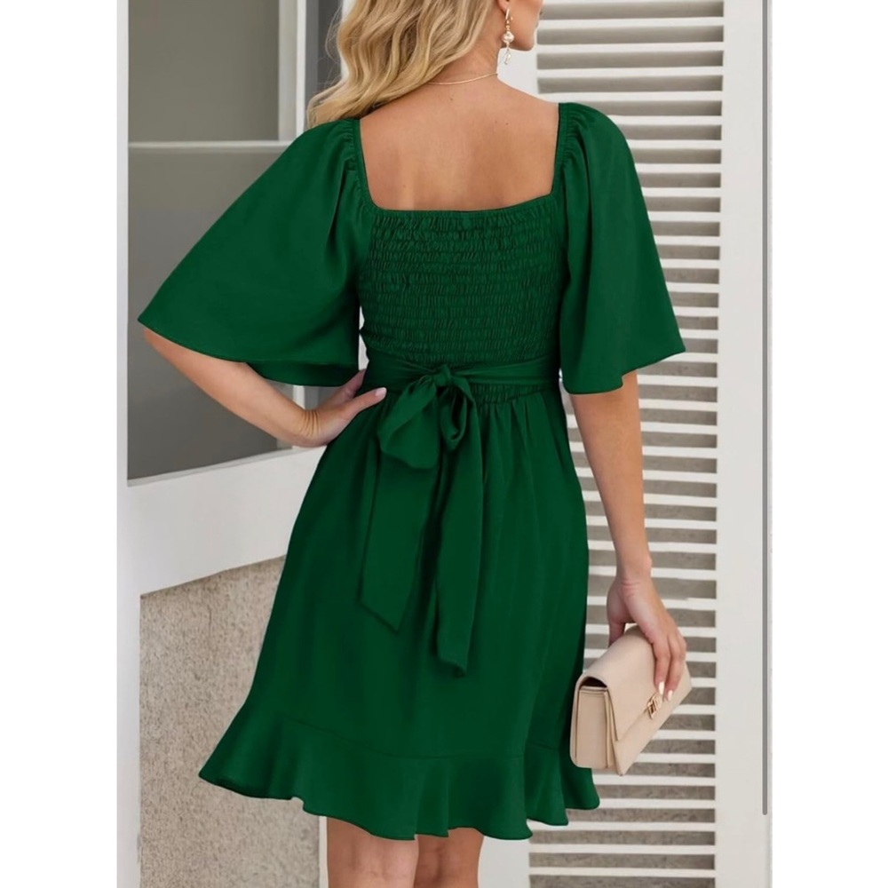 NWT Dokotoo Green V Wrap Tie Ruffle Short Flutter Sleeve Cocktail Mini Dress L - Picture 2 of 14